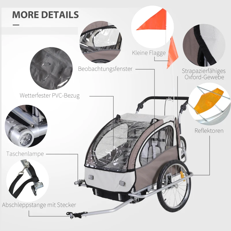 HOMCOM Kinderanhänger Fahrradanhänger mit Regenschutz atmungsaktiv Oxfordgewebe Cream-Kaffeebraun 155 x 88 x 108 cm