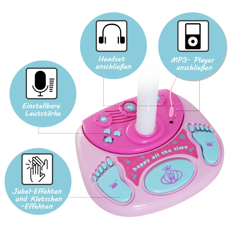 HOMCOM Spielzeugmikrofon mit Ständer mikrofon kinder kinderkaraoke Musikfunktion Blinkleuchten Verstellbarer Standfuß Rosa 27 x 27 x 90-110 cm