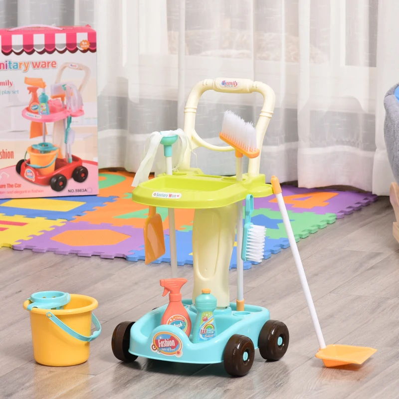 HOMCOM Besenwagen Putzwagen mit Zubehör Reinigungswagen Putzset für Kinder Rollenspiel Reinigungsspielzeug 17 Stück mit Besen Mopp Kehrschaufel PP-Kunststoff Grün+Blau+Weiß 30 x 29 x 55 cm