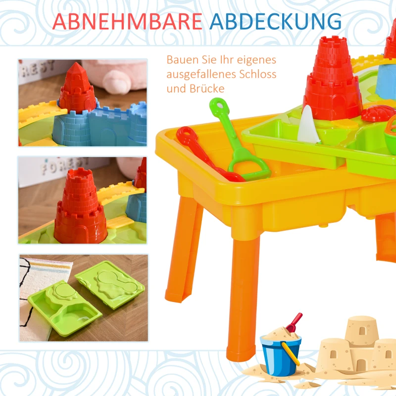HOMCOM Kinder Sandspielzeug Sandkastentisch mit 23-tlg. Zubehör Spieltisch Strandspielzeug für 18-36 Monate PP Schlossthema 59L x 42 x 37 cm