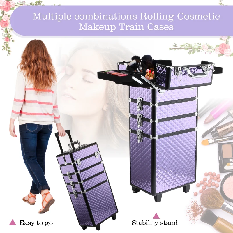 HOMCOM Large Professional MUA Vertical Rolling Full Makeup Travel Train Case - Violet