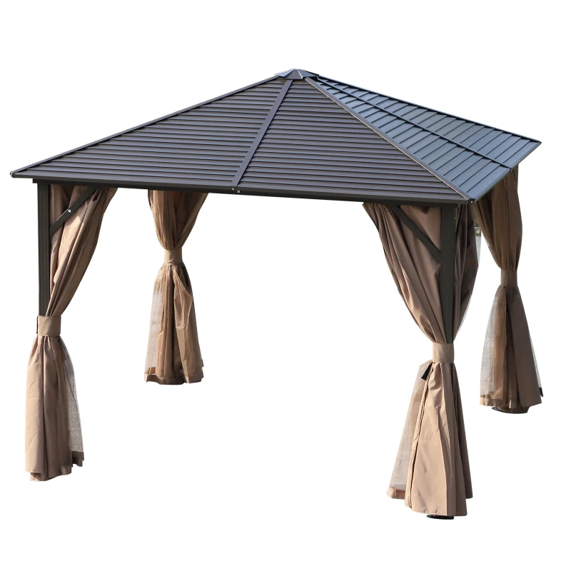 Outsunny Gartenpavillon Partyzelt 4 x Doppel-Seitenwänden Laternenhaken Alu + Polyester Bronze+Braun ca. 3 x 3 x 2,5 m