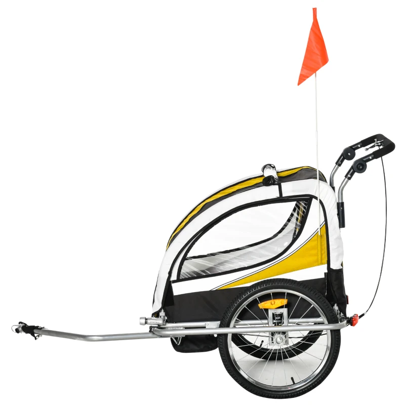 HOMCOM Kinderanhänger Fahrradanhänger Kinder Anhänger für 2 Kinder Regenschutz atmungsaktiv Gelb+Schwarz+Grauweiß 155 x 88 x 108 cm