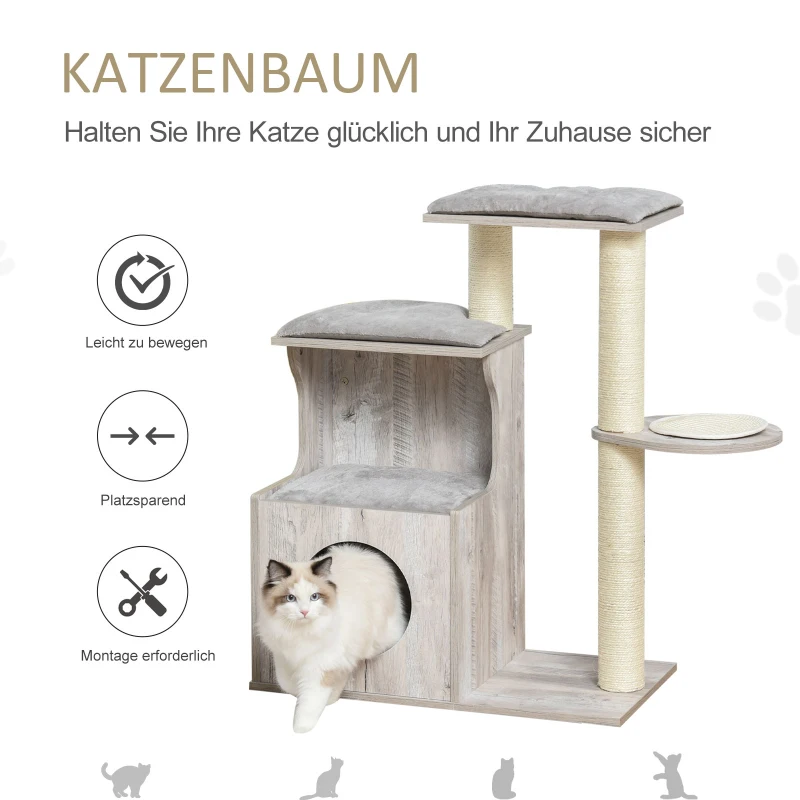 PawHut krabpaal met kattengrot kattenboom klimboom voor katten E1 MDF sisal grijs