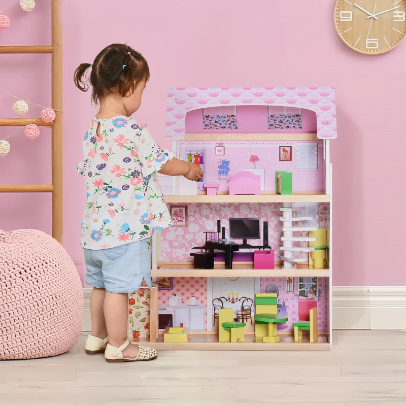 HOMCOM Kinderpoppenhuis poppenhuis barbiehuis poppenhuis met 3 verdiepingen met meubels