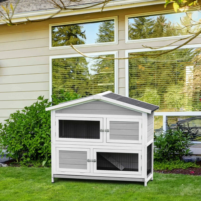 PawHut konijnenhok 2 verdiepingen design konijnenhok caviahok konijnenhok klein dier met 1 antislip helling dennenhout metaal lichtgrijs + wit + zwart 121,5 x 57 x 104,5 cm