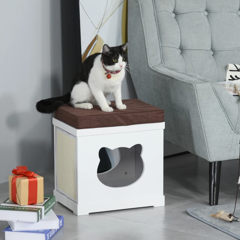 PawHut kattenhuis poef kruk 2-in-1 kattengrot kattenwoning MDF wit