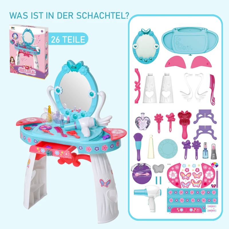 HOMCOM Kinderschminktisch Frisiertisch mit Hocker 5 Musikstücke Licht Mädchen Kosmetik Spiegel Infrarotsensor Blau 49,5x23,5x69,5 cm