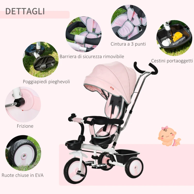 HOMCOM Triciclo per Bambini con Maniglione e Passeggino Reversibile, Tettuccio e Barra Rimovibili, 100x48x106cm