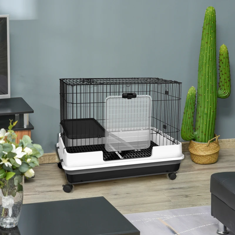 PawHut Kleintierkäfig mit Räder, 2 Türen, Plattform, Bodenfach, Metall, Schwarz, 81,2 x 52,7 x 66 cm