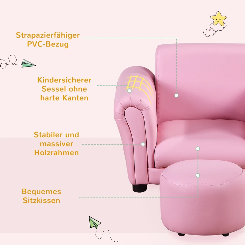 HOMCOM® Kindersessel mit Fußhocker Kindercouch Kindersofa Minisofa Kindermöbel Holz Rosa
