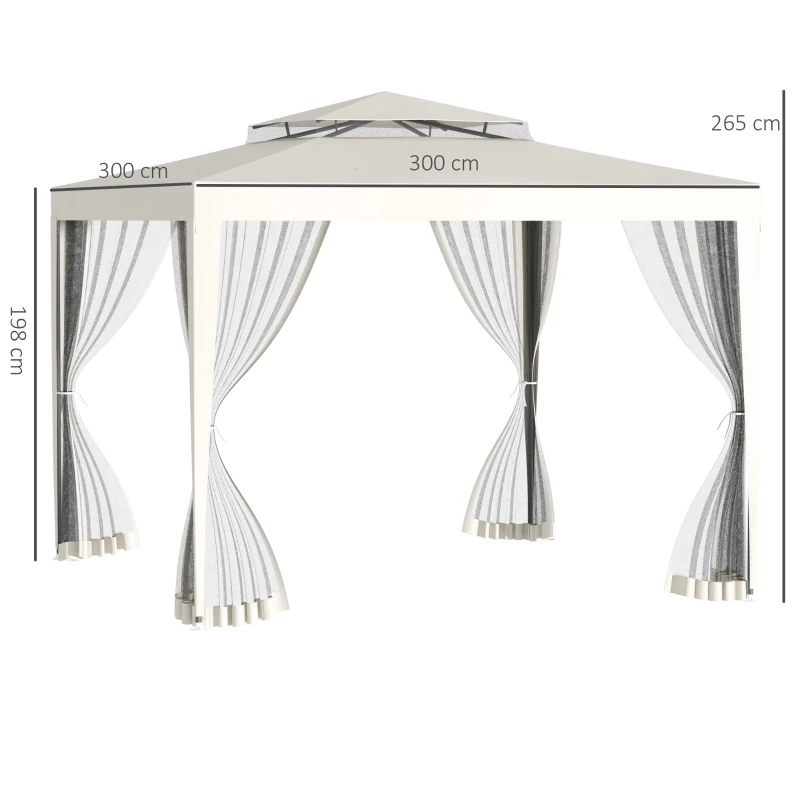 Outsunny Pérgola de Jardim 3x3m Pérgola com 4 Redes Mosquiteiras Laterais com Zíper Teto de Ventilação e 8 Orifícios de Drenagem Pérgola para Terraço Pátio Exterior Bege