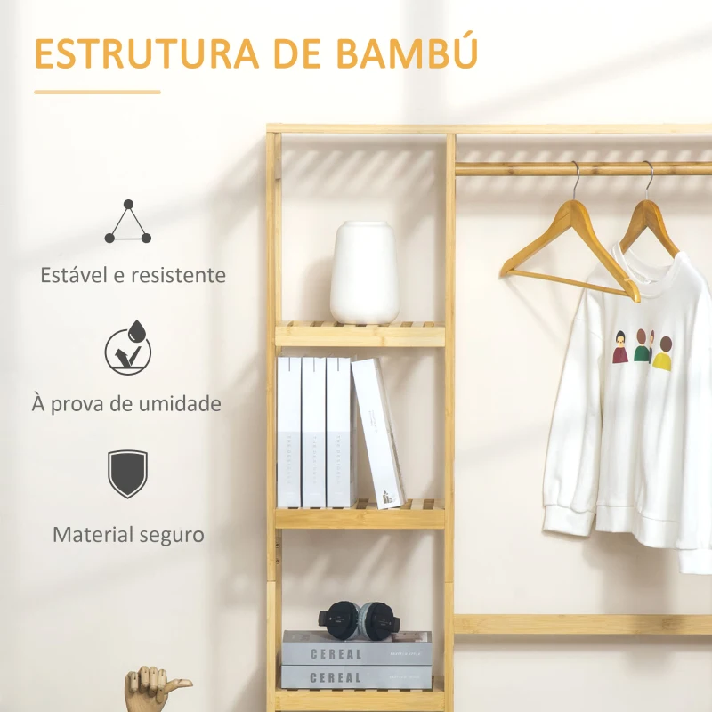 HOMCOM Suporte para Cabides de Bambu Cabideiro com Prateleiras de 4 Níveis com Barra Prateleira Inferior e Cabide Lateral 90x30x155cm Madeira