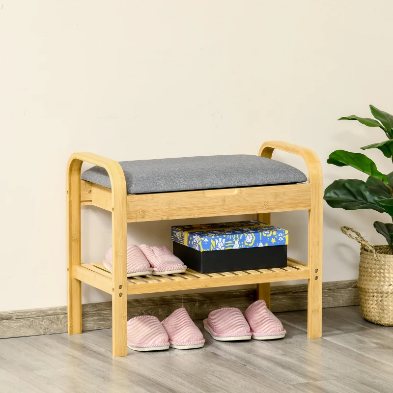 HOMCOM Banco Sapateira de Bambú com Prateleira Almofada Acolchoada Abatível e Espaço Oculto de Armazenamento 60x33x50cm Natural