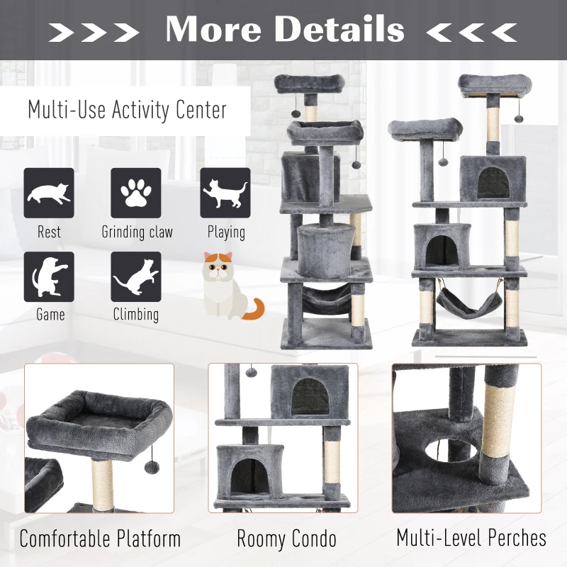 PawHut 145cm Cat Tree Multi-tier Activity Center Scratcher Pet Condo House Tower Hammock & Toys, Grey