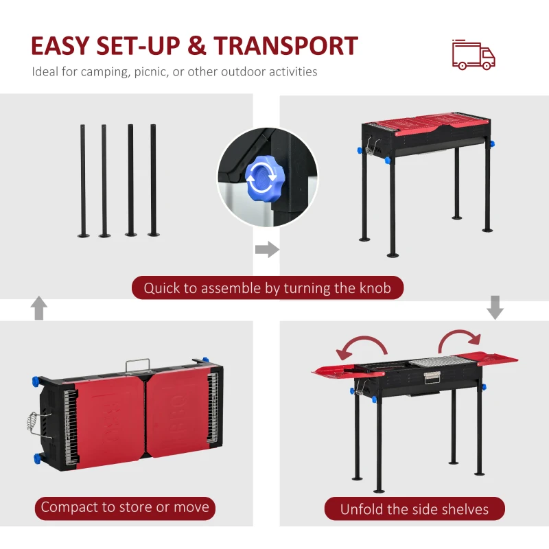 Outsunny Portable Charcoal Grill BBQ Easy Set-up Height Adjustable w/ Shelves
