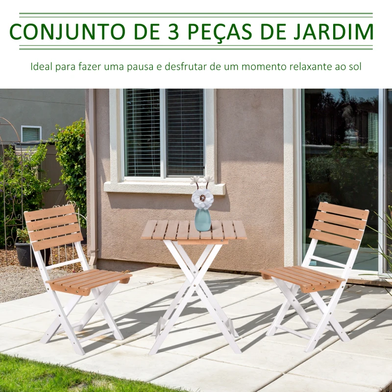 Outsunny Conjunto de Terraço Dobráveis de 3 Peças Mesa 60x60x73cm e 2 Cadeiras 41,8x49,7x83cm Estrutura de Madeira e Metal para Jardim Balcão Exterior Natural e Branco