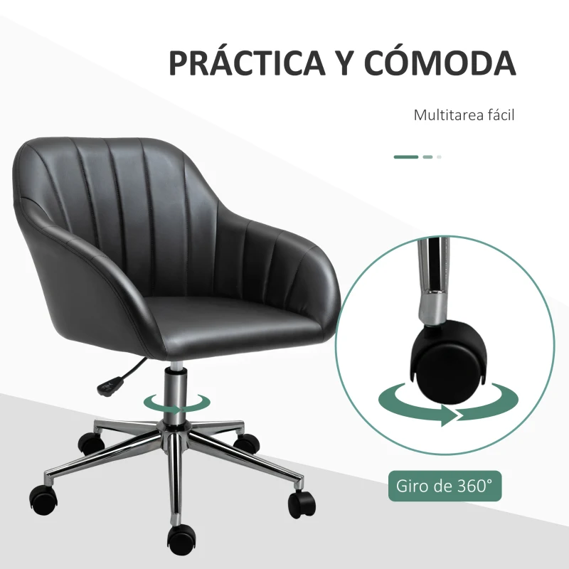 Vinsetto Silla de Oficina Ergonómica Silla Escritorio Giratoria con Altura Ajustable Respaldo y Reposabrazos de Piel Sintética Carga 120 kg 60x59x79-89 cm Negro