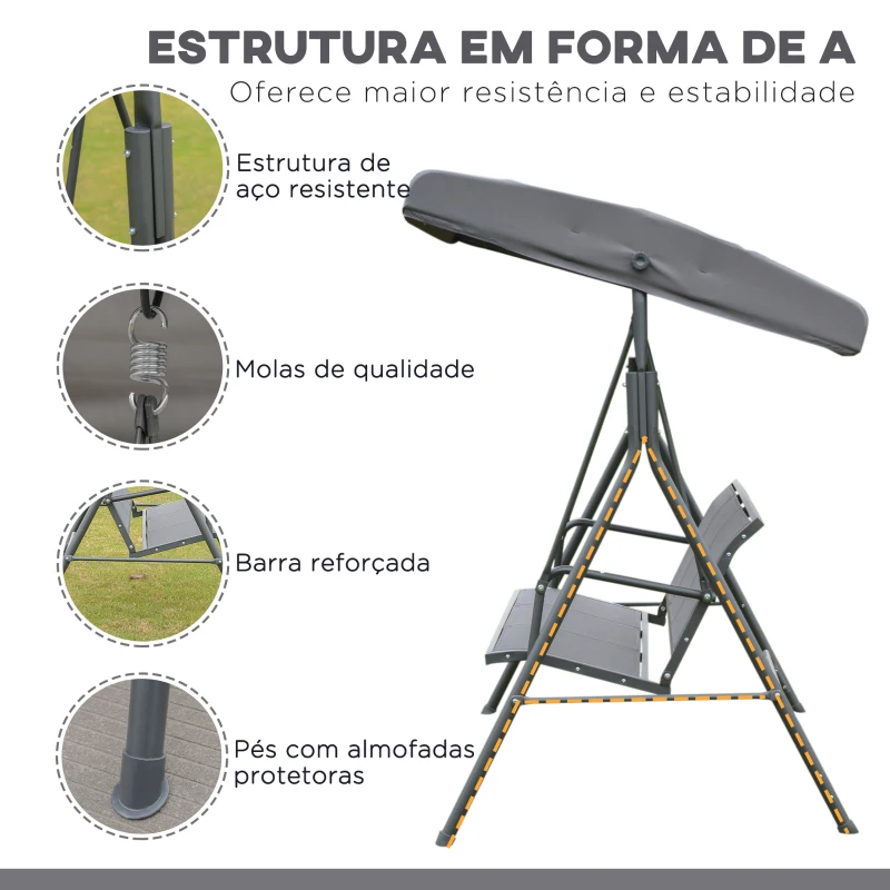 Outsunny Baloiço Jardim de 3 Lugares com Toldo Ajustável Encosto Respirável e Estrutura de Aço para Terraço Balcão Exterior 175x118x159 cm Cinza