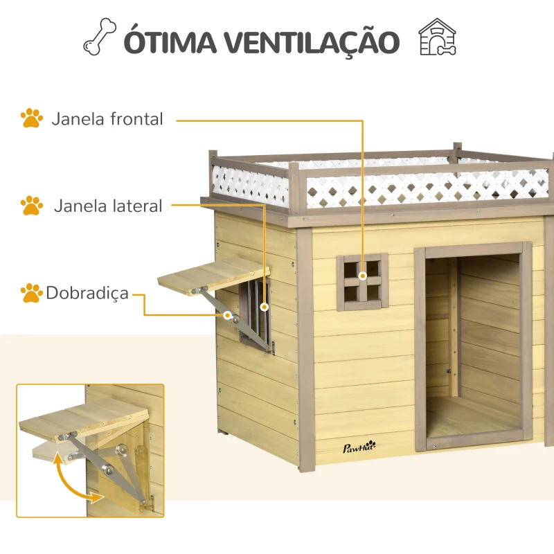 PawHut Casa para Cães de Madeira Casa para Cães Pequenos com 2 Janelas 2 Tigelas de Aço Inoxidável e Espaço de Cultivo para Interior e Exterior 105x65x80cm Natural