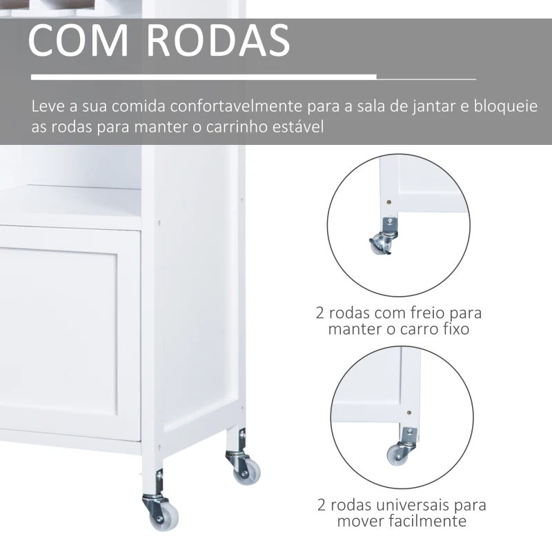 HOMCOM Carrinho de Cozinha Auxiliar com Rodas Carrinho de Cozinha com 2 Gavetas Suporte para 9 Garrafas Suporte para Taças Prateleira Aberta e Armário 76x40x88cm Branco