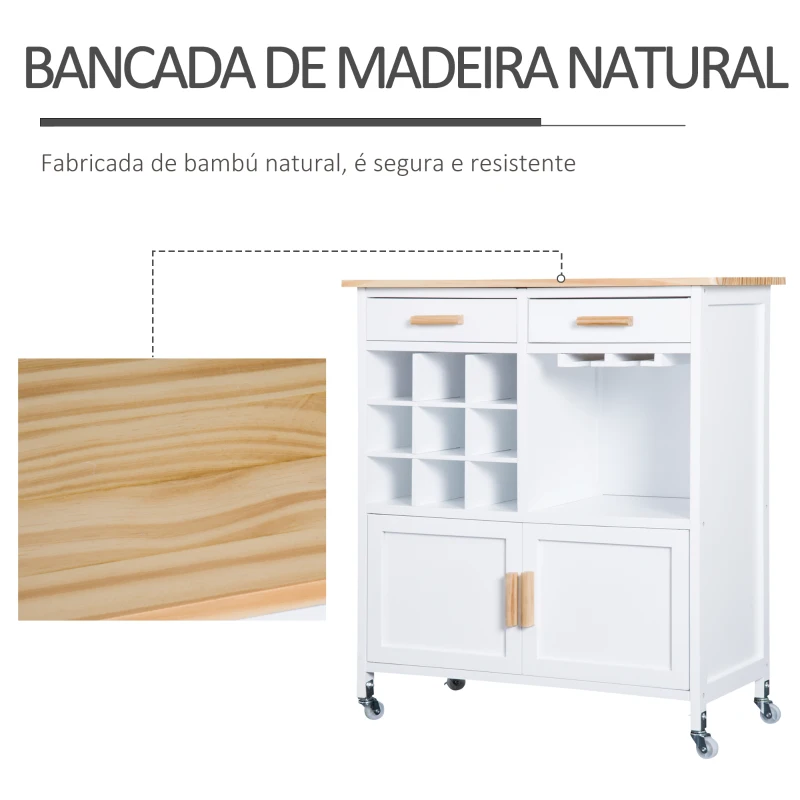 HOMCOM Carrinho de Cozinha Auxiliar com Rodas Carrinho de Cozinha com 2 Gavetas Suporte para 9 Garrafas Suporte para Taças Prateleira Aberta e Armário 76x40x88cm Branco
