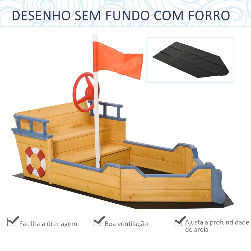 Outsunny Caixa de Areia Infantil de Madeira Desenho de Galeão com Assento 2 Degraus Bandeira Vermelha e Leme Caixa de Areia de Jardim para Crianças acima de 3 Anos 158x78x45,5cm Natural
