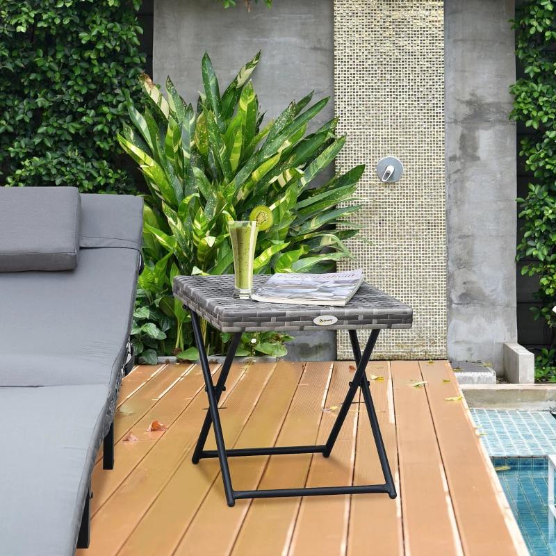 Outsunny Square PE Wicker Rattan Folding Table,Weather Resistant Wicker Weave Side Table with Steel Frame, Grey