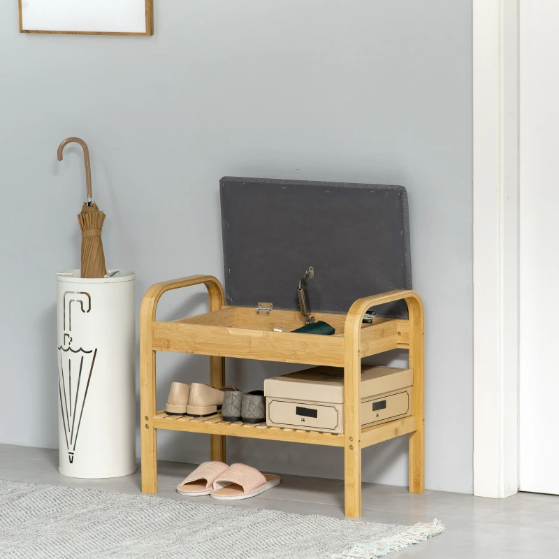 HOMCOM Banco Sapateira de Bambú com Prateleira Almofada Acolchoada Abatível e Espaço Oculto de Armazenamento 60x33x50cm Natural