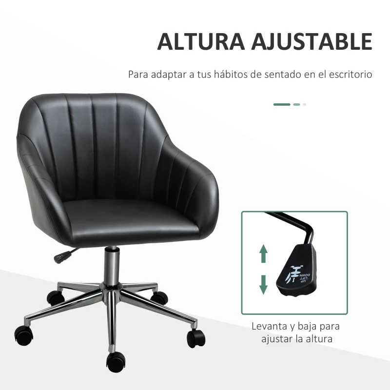 Vinsetto Silla de Oficina Ergonómica Silla Escritorio Giratoria con Altura Ajustable Respaldo y Reposabrazos de Piel Sintética Carga 120 kg 60x59x79-89 cm Negro