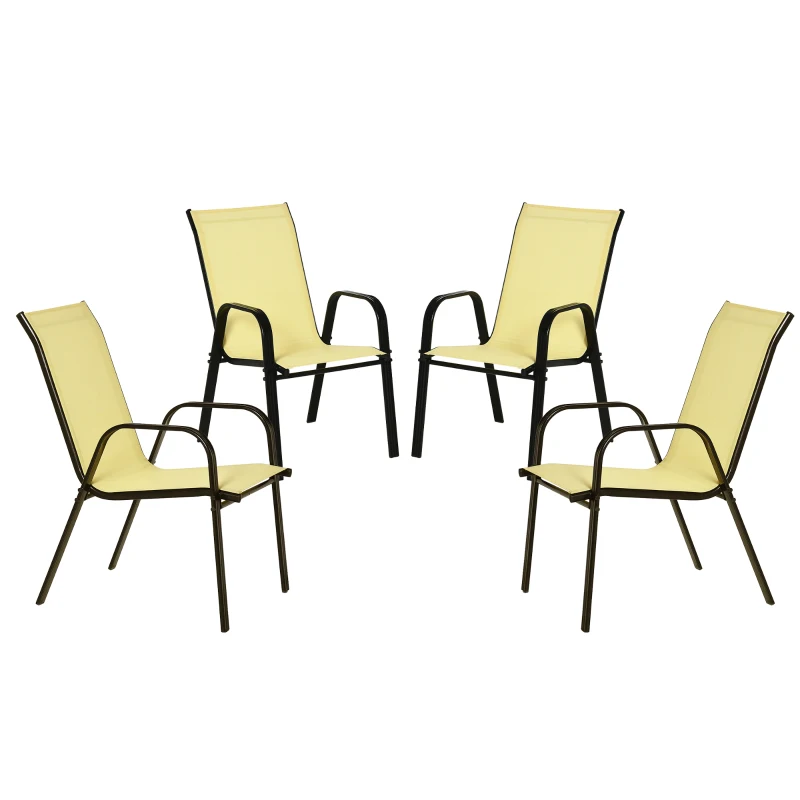 Outsunny 4-Piece Garden Chairs Set - Stackable Outdoor Chairs with High Backrest and Armrests, Breathable Mesh Fabric Dining Chair Set of 4, Beige