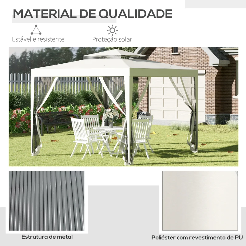 Outsunny Pérgola de Jardim 3x3m Pérgola com 4 Redes Mosquiteiras Laterais com Zíper Teto de Ventilação e 8 Orifícios de Drenagem Pérgola para Terraço Pátio Exterior Bege