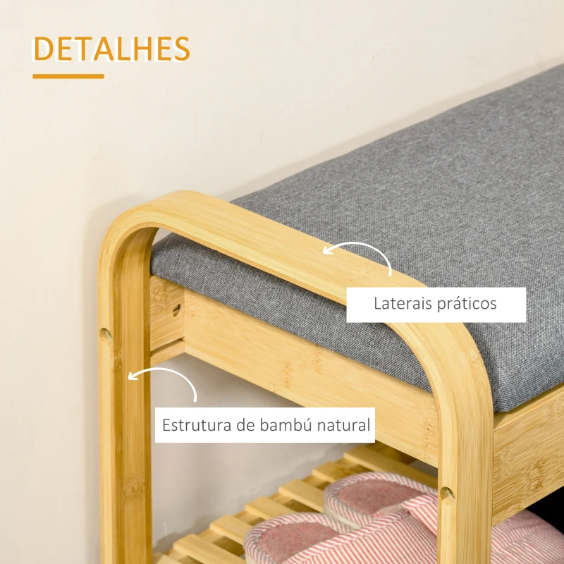 HOMCOM Banco Sapateira de Bambú com Prateleira Almofada Acolchoada Abatível e Espaço Oculto de Armazenamento 60x33x50cm Natural