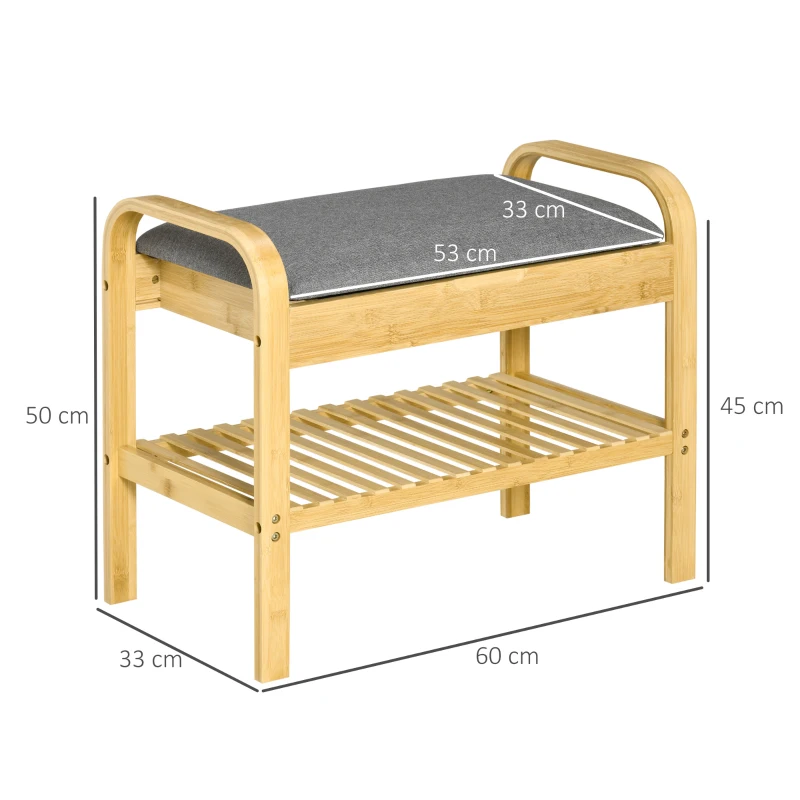 HOMCOM Banco Sapateira de Bambú com Prateleira Almofada Acolchoada Abatível e Espaço Oculto de Armazenamento 60x33x50cm Natural