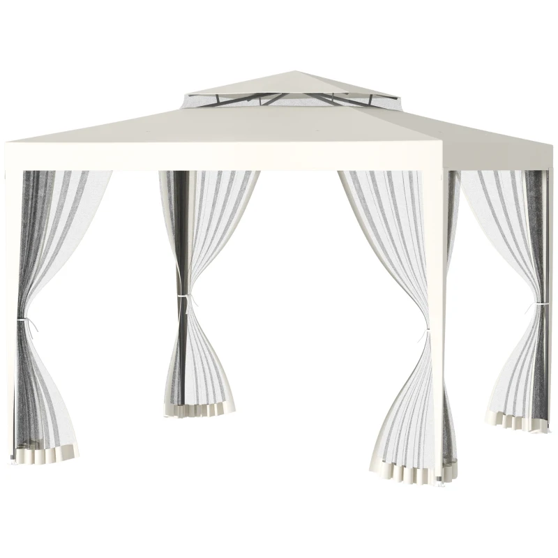 Outsunny Pérgola de Jardim 3x3m Pérgola com 4 Redes Mosquiteiras Laterais com Zíper Teto de Ventilação e 8 Orifícios de Drenagem Pérgola para Terraço Pátio Exterior Bege