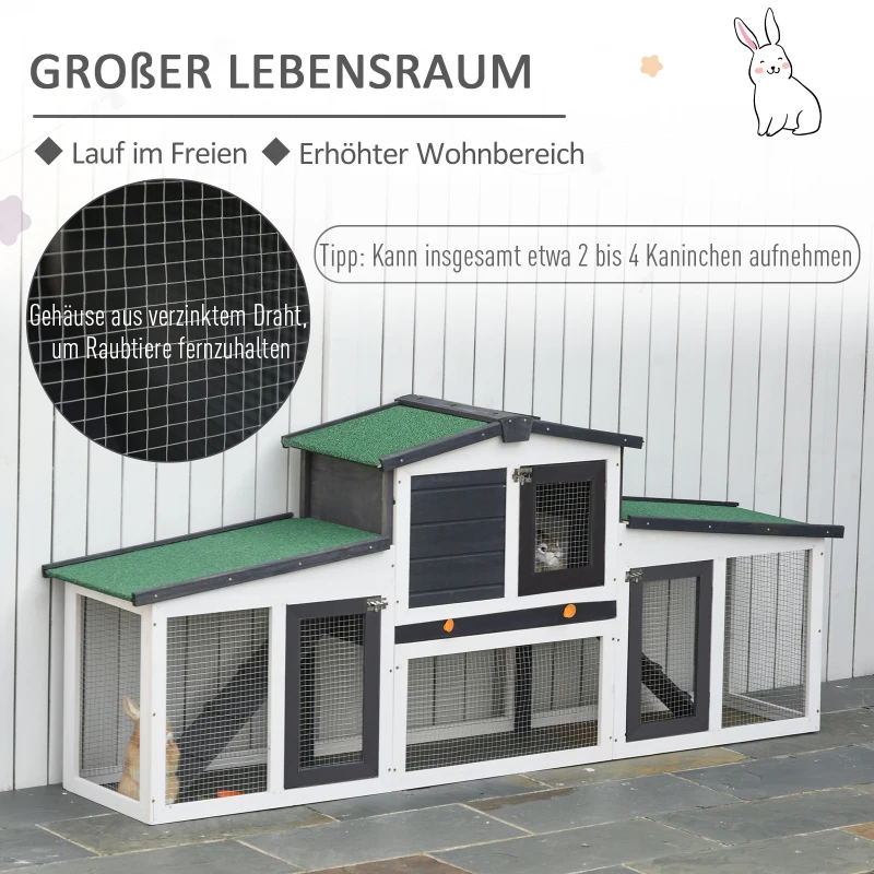 PawHut Klatka dla małych zwierząt z 2 wybiegami, odporna na warunki atmosferyczne, drewno świerkowe, biały + zielony