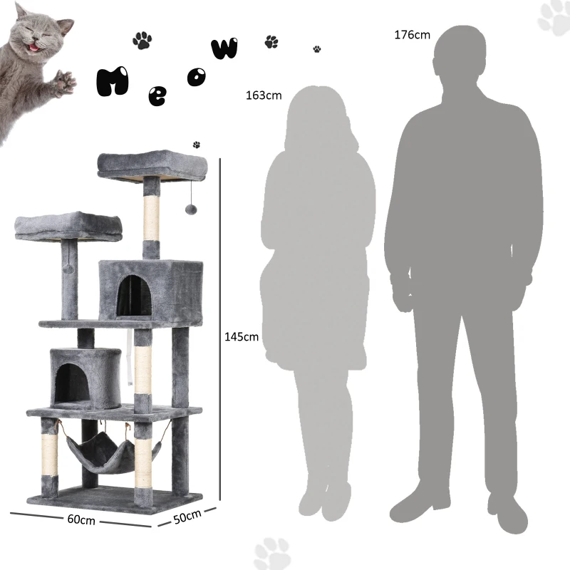 PawHut 145cm Cat Tree Multi-tier Activity Center Scratcher Pet Condo House Tower Hammock & Toys, Grey