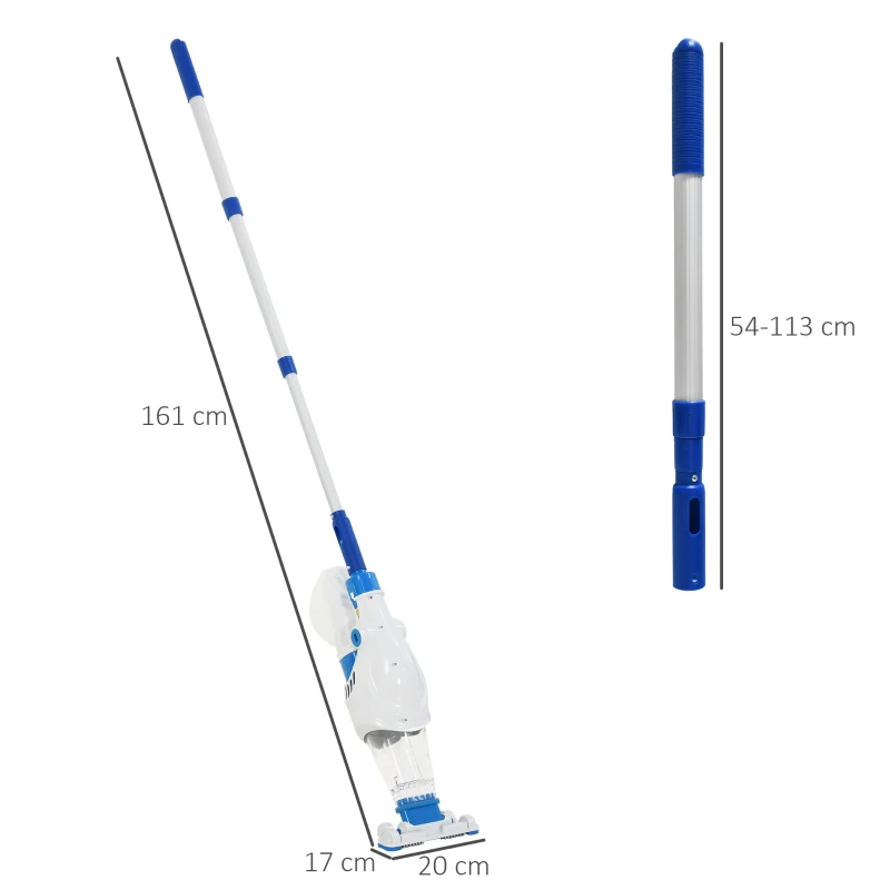 Outsunny Aspirador Limpador para Piscina Elétrico Autonomia de 45 Minutos com Poste Telescópico 54-113cm Escova e Bolsa de Malha para Piscinas Spas 161x20x17cm Azul e Branco