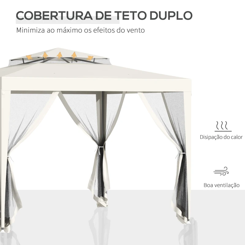 Outsunny Pérgola de Jardim 3x3m Pérgola com 4 Redes Mosquiteiras Laterais com Zíper Teto de Ventilação e 8 Orifícios de Drenagem Pérgola para Terraço Pátio Exterior Bege