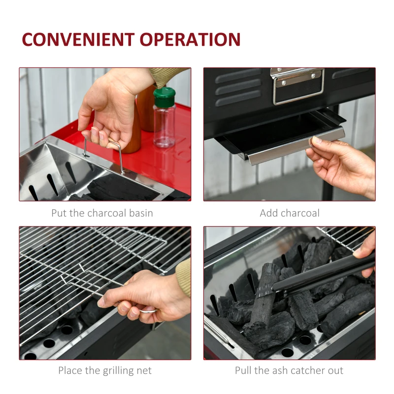 Outsunny Portable Charcoal Grill BBQ Easy Set-up Height Adjustable w/ Shelves