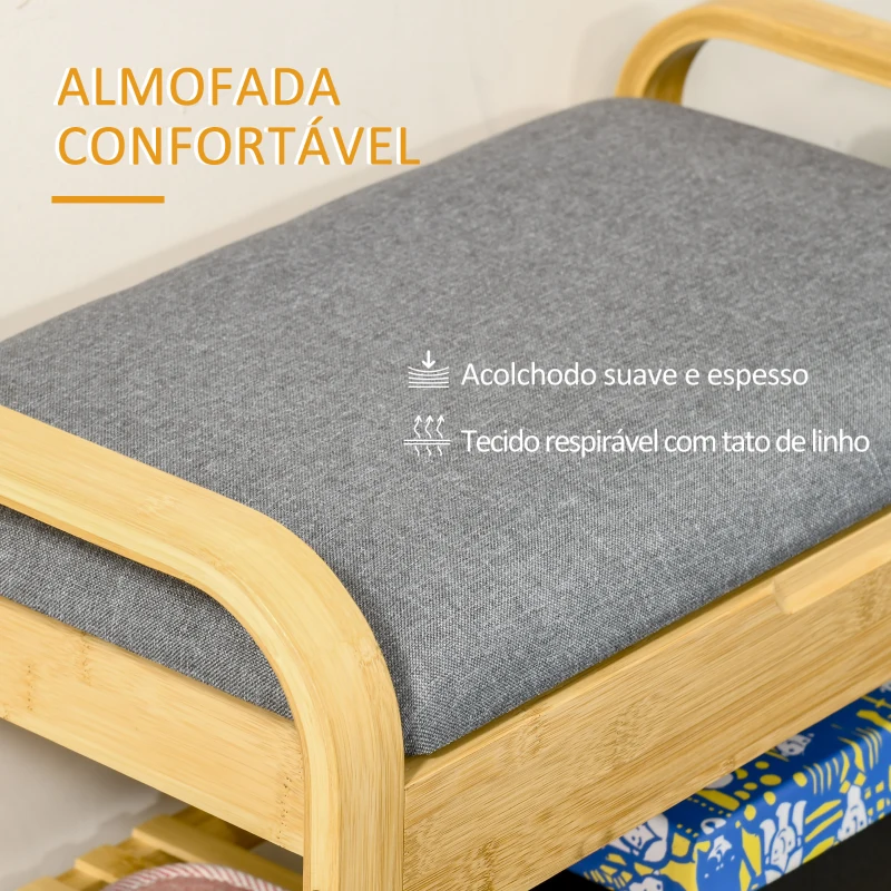 HOMCOM Banco Sapateira de Bambú com Prateleira Almofada Acolchoada Abatível e Espaço Oculto de Armazenamento 60x33x50cm Natural