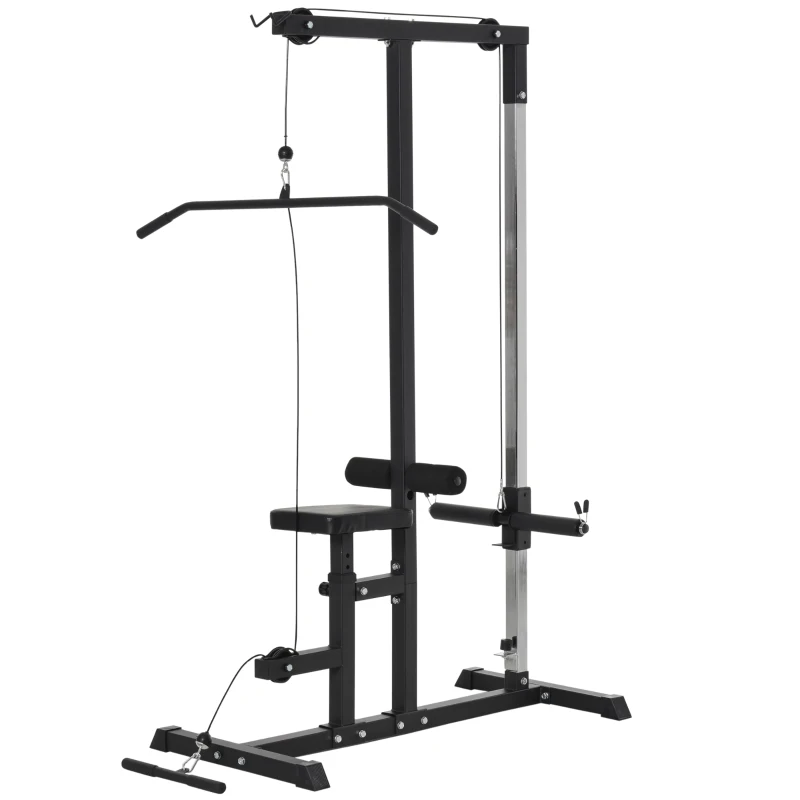 Atlas HOMCOM z kołem pasowym regulowanym siedziskiem i kilkoma pozycjami linek do wzmacniania mięśni urządzenie treningowe fitnessu w domu stal kolor czarny 180 x 183 x 219 cm