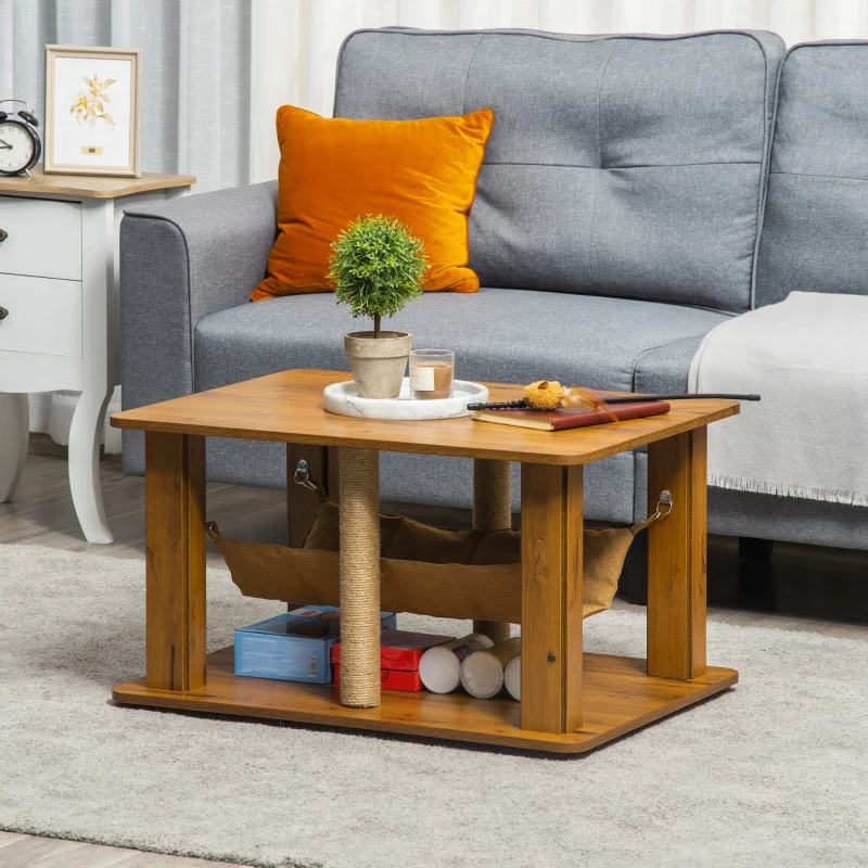 PawHut Mesa Auxiliar Mesa de Café com Rede 2 Postes de Arranhar de Juta e Prateleira Inferior de Armazenamento 79x59x45,5cm Marrom