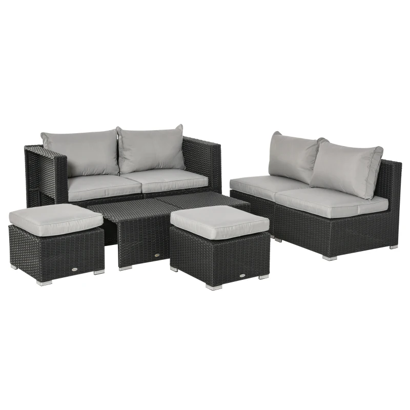 Outsunny 8 Pieces PE Rattan Sofa Set with Cushions, Garden Corner Sofa with 4 Seater Sofa, 2 Footstools and 2 Coffee Table Set, Space-saving Design, No Assembly Required, Black