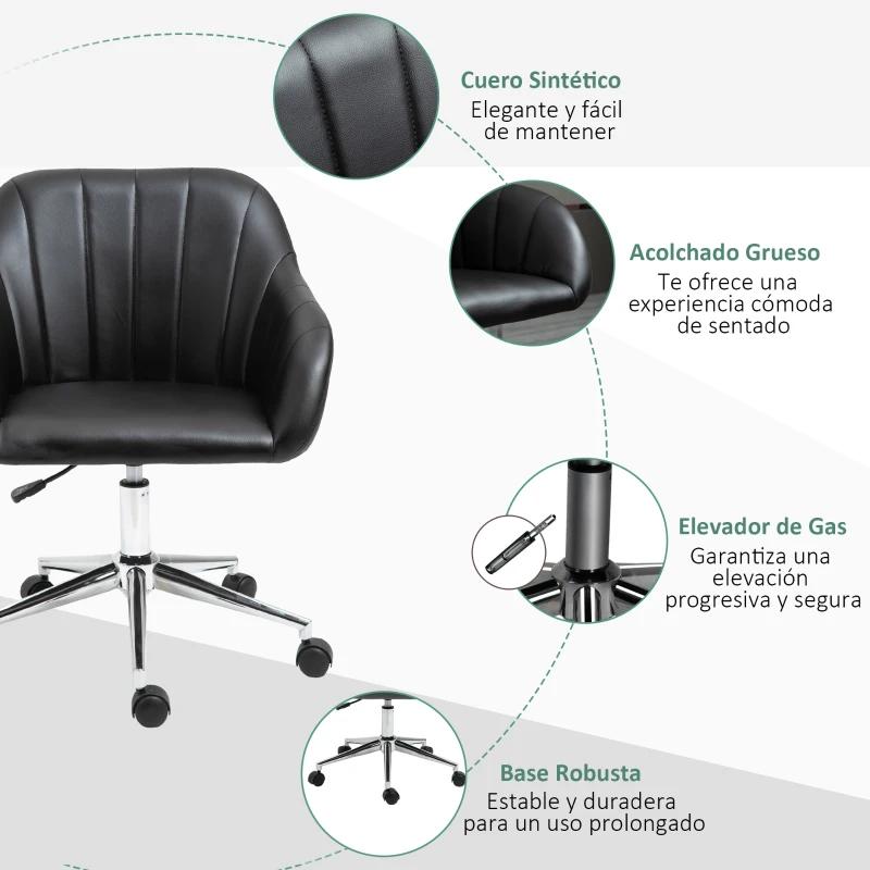 Vinsetto Silla de Oficina Ergonómica Silla Escritorio Giratoria con Altura Ajustable Respaldo y Reposabrazos de Piel Sintética Carga 120 kg 60x59x79-89 cm Negro