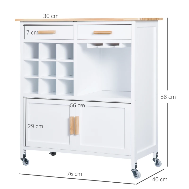 HOMCOM Carrinho de Cozinha Auxiliar com Rodas Carrinho de Cozinha com 2 Gavetas Suporte para 9 Garrafas Suporte para Taças Prateleira Aberta e Armário 76x40x88cm Branco