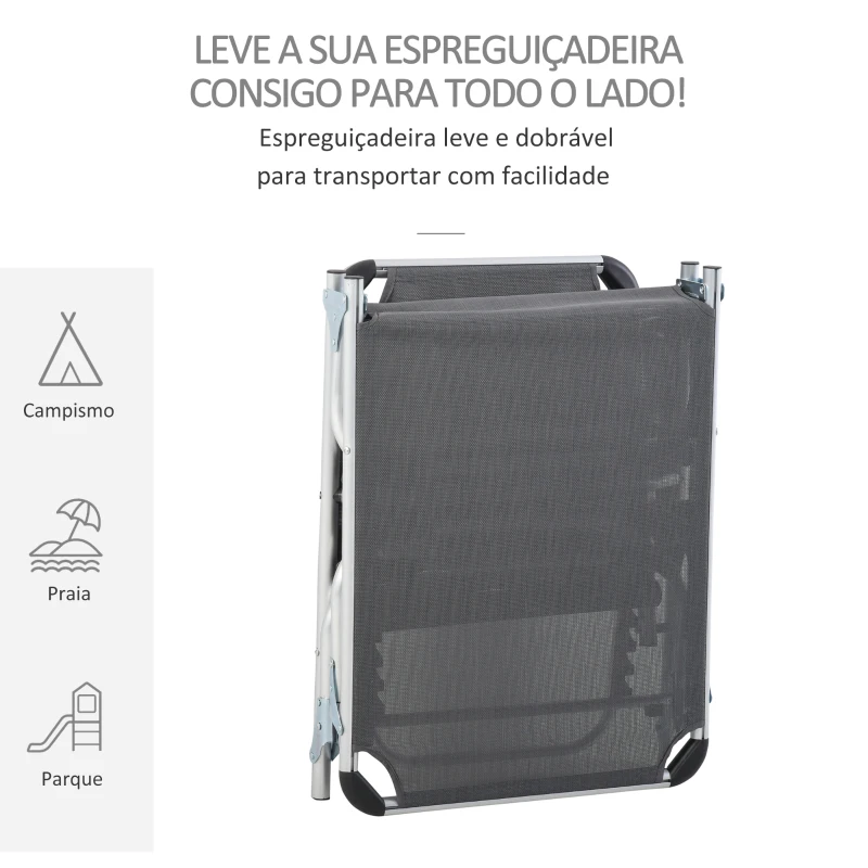 Outsunny Espreguiçadeira de Jardim Dobrável com Apoio para a Cabeça Removível e Encosto Ajustável em 4 Posições para Jardim Terraço Campismo Exterior 170x60x76cm Cinza