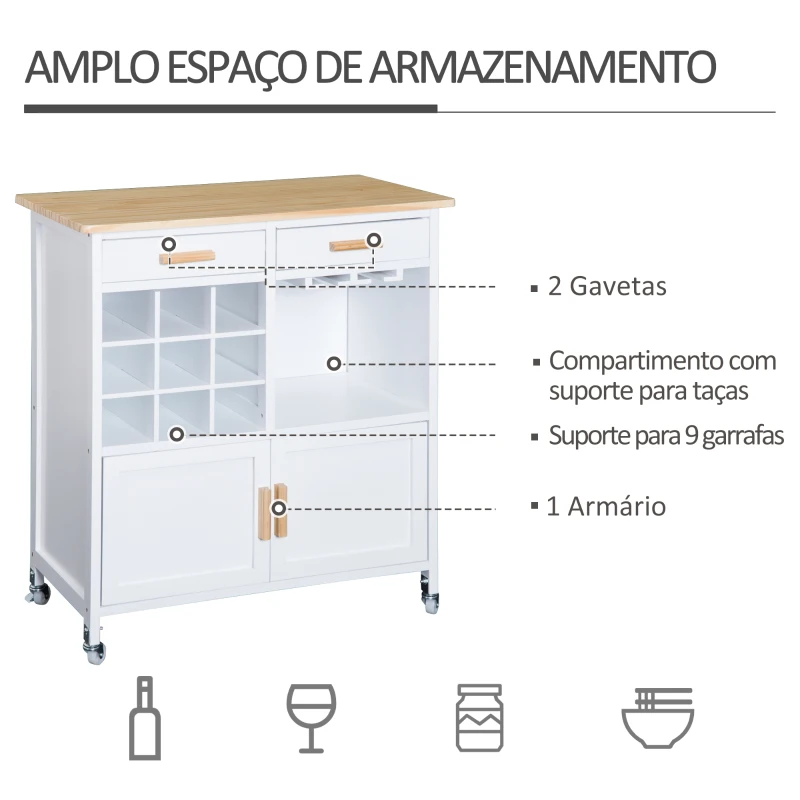 HOMCOM Carrinho de Cozinha Auxiliar com Rodas Carrinho de Cozinha com 2 Gavetas Suporte para 9 Garrafas Suporte para Taças Prateleira Aberta e Armário 76x40x88cm Branco