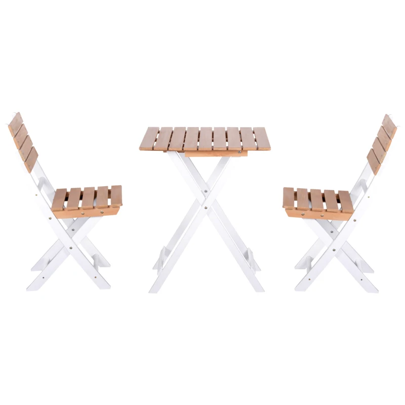 Outsunny Conjunto de Terraço Dobráveis de 3 Peças Mesa 60x60x73cm e 2 Cadeiras 41,8x49,7x83cm Estrutura de Madeira e Metal para Jardim Balcão Exterior Natural e Branco