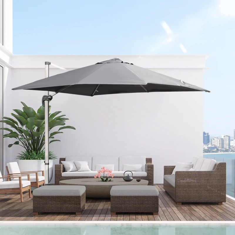 Outsunny 3m Cantilever Aluminium Frame 360 Rotation Hanging Parasol w/ Cross Base Grey